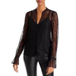 Hot Sale 🥰 PAIGE Saldana Split Neck Lace Blouse Black ✔️